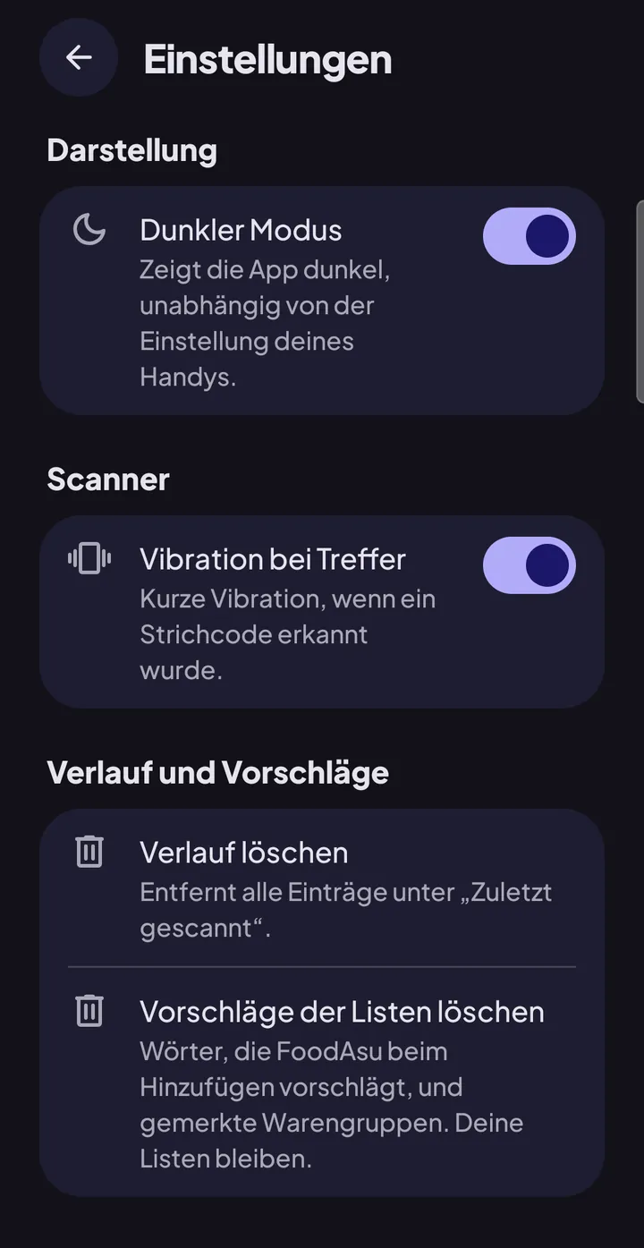 Einstellungen mit eingeschaltetem Schalter „Dunkler Modus“: Die App ist sofort dunkel
