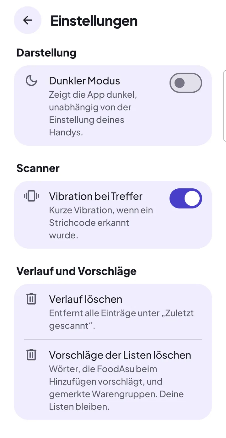 Einstellungen: „Darstellung“ mit dem Schalter „Dunkler Modus“, „Scanner“ mit „Vibration bei Treffer“, „Verlauf und Vorschläge“ mit „Verlauf löschen“ und „Vorschläge der Listen löschen“