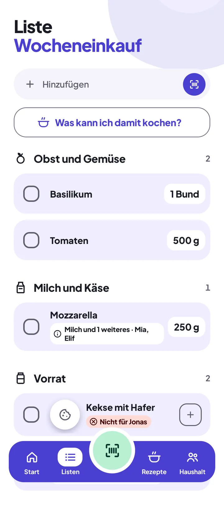 Auf der Produktseite wird „Auf die Liste“ angetippt, die Seite meldet „Auf ‚Wocheneinkauf‘ gesetzt“, dann steht das Produkt auf der Einkaufsliste „Wocheneinkauf“ mit ihren Warengruppen.