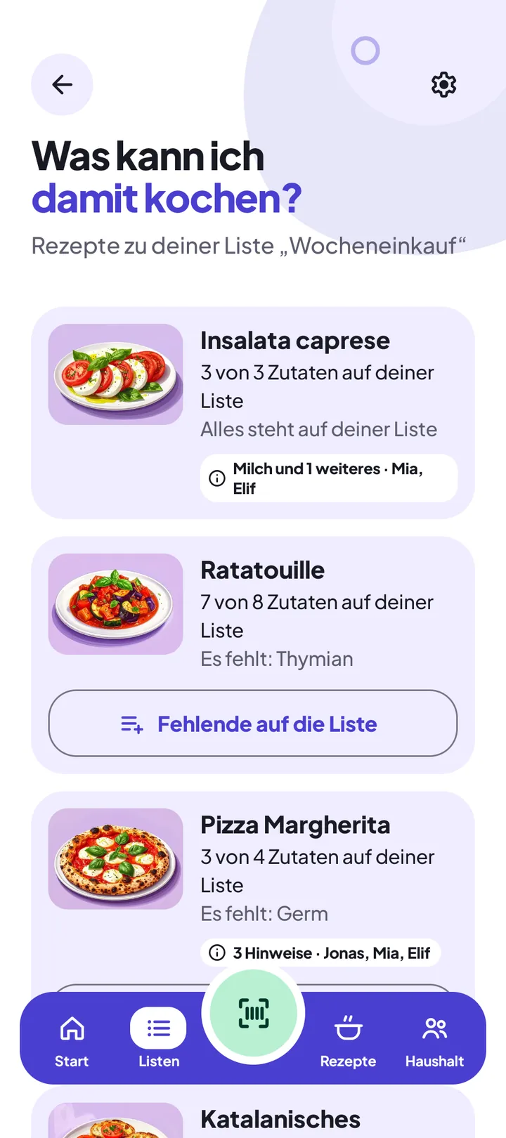 In der Einkaufsliste steht der Knopf „Was kann ich damit kochen?“; danach erscheinen Rezepte mit der Zahl der Zutaten, die schon auf der Liste stehen, und dem Knopf „Fehlende auf die Liste“.