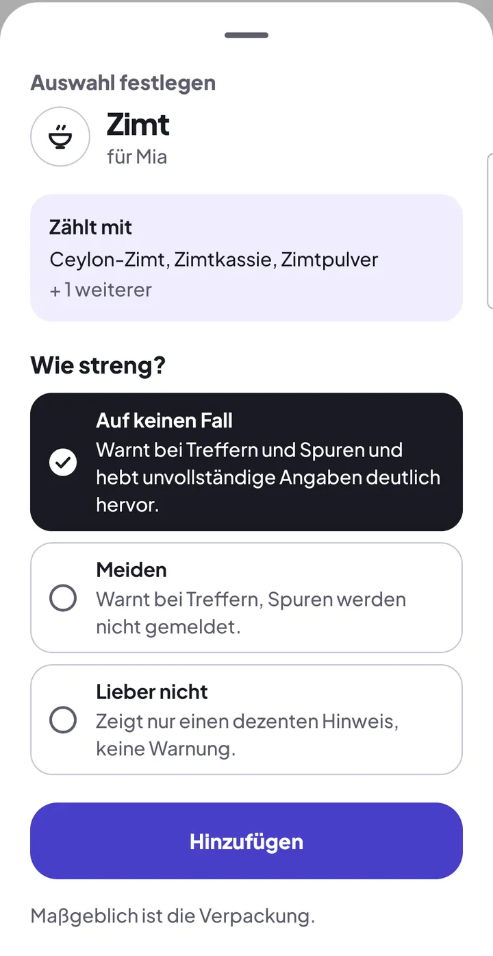 Blatt „Auswahl festlegen“ in FoodAsu: für Zimt stehen unter „Wie streng?“ die drei Stufen, gewählt ist „Auf keinen Fall“