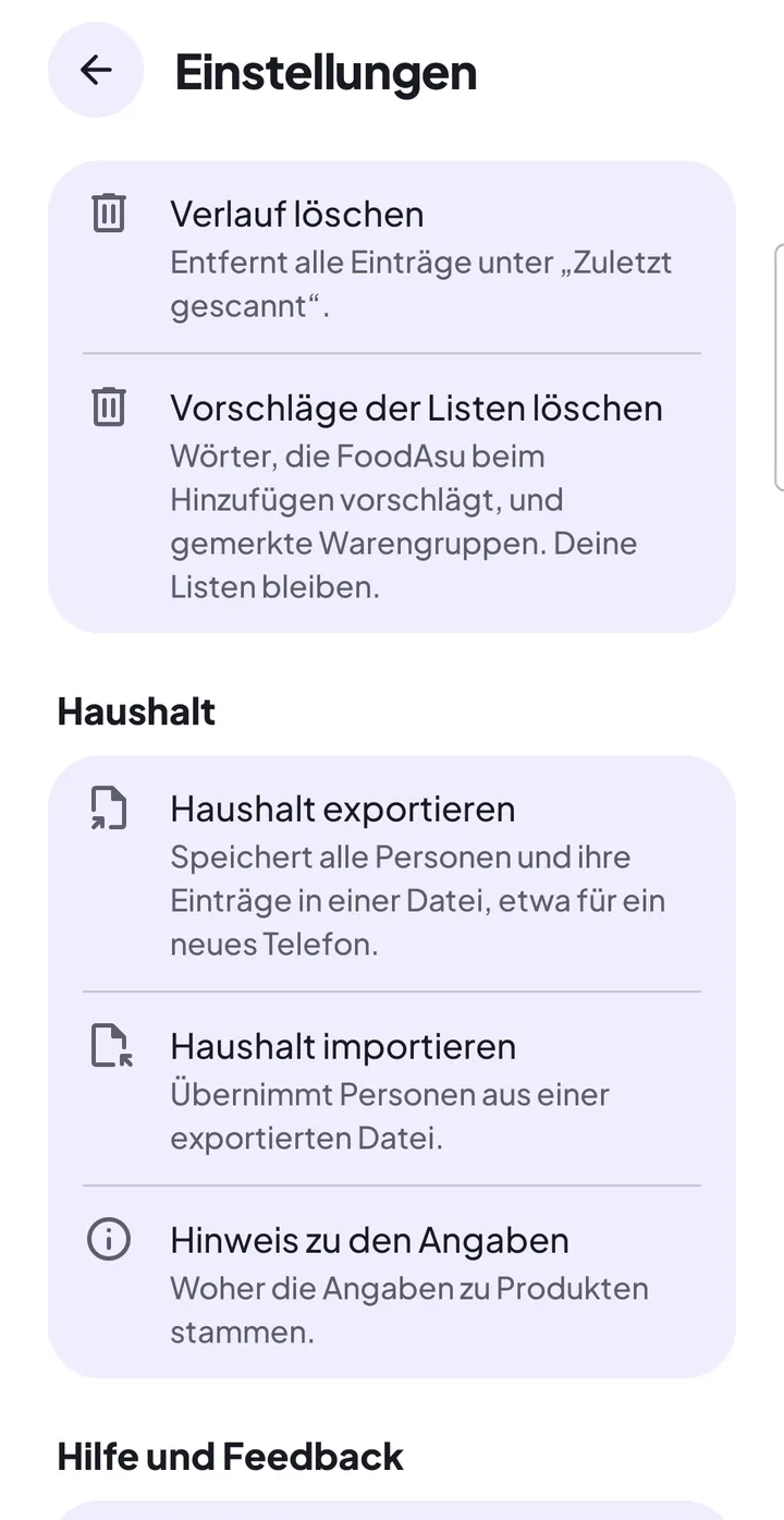 Einstellungen, Abschnitt „Haushalt“: „Haushalt exportieren“, „Haushalt importieren“, „Hinweis zu den Angaben“