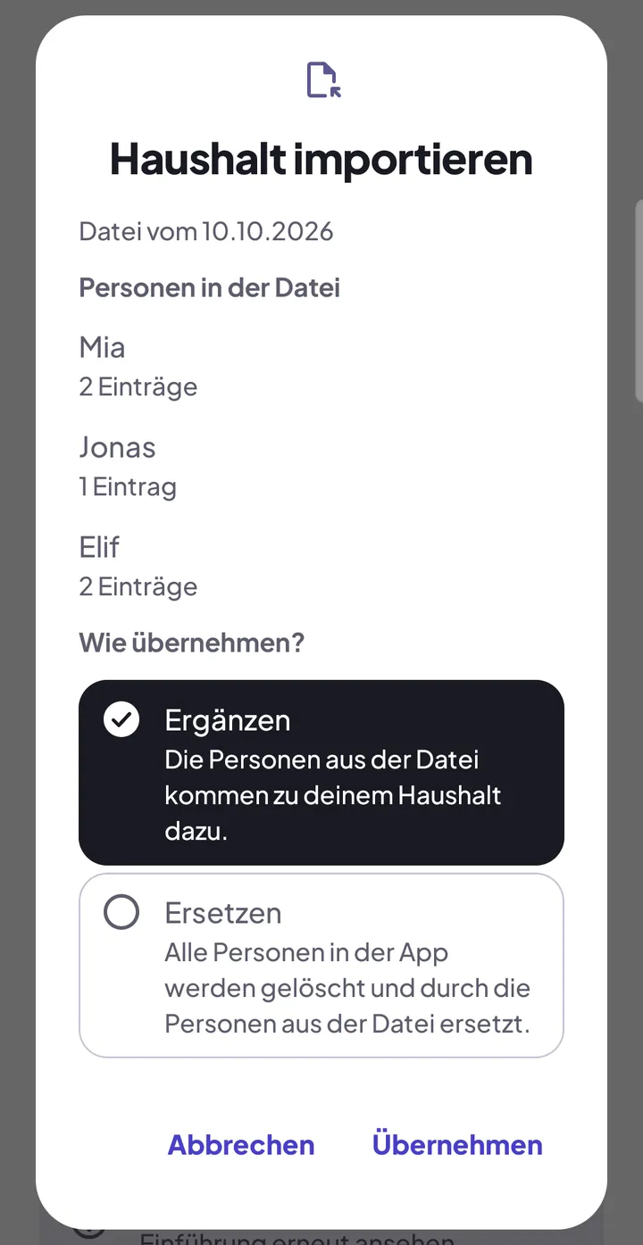„Haushalt importieren“: Personen in der Datei und die Wahl „Ergänzen“ oder „Ersetzen“