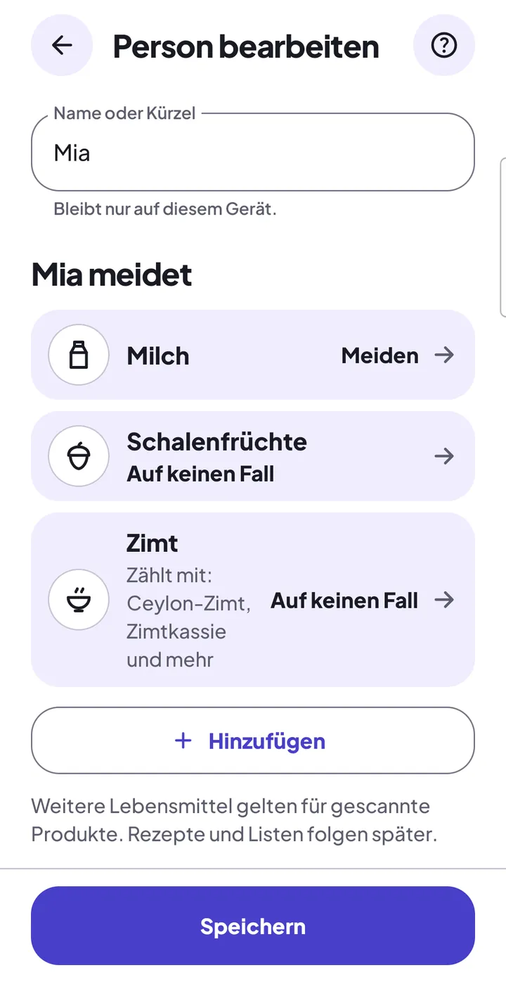 Seite „Person bearbeiten“ mit der Liste „Mia meidet“: Milch, Schalenfrüchte und Zimt, bei Zimt steht „Zählt mit: Ceylon-Zimt, Zimtkassie und mehr“; darunter „Hinzufügen“ und der Hinweis, dass weitere Lebensmittel für gescannte Produkte gelten