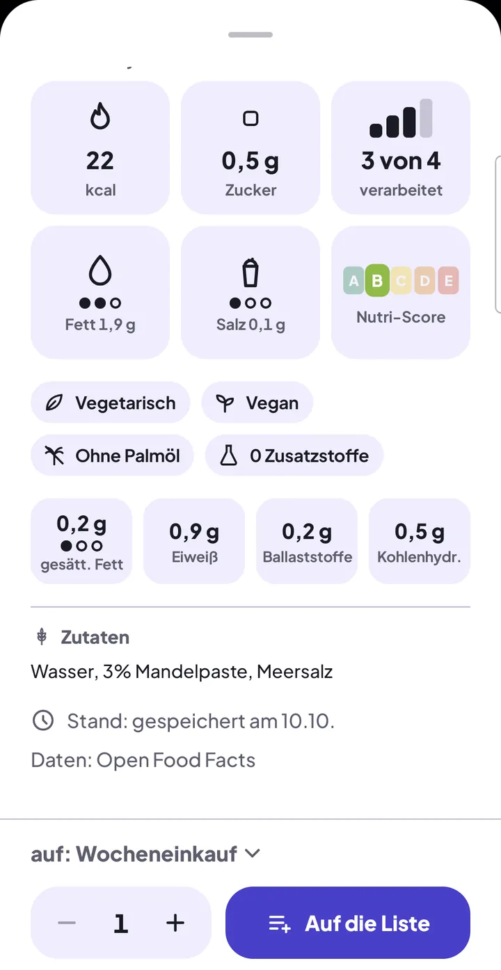 Produktkarte weiter unten: Abzeichen „Vegetarisch“, „Vegan“, „Ohne Palmöl“, „0 Zusatzstoffe“, die vier kleinen Kacheln, dann „Zutaten“ und der Stand der Daten