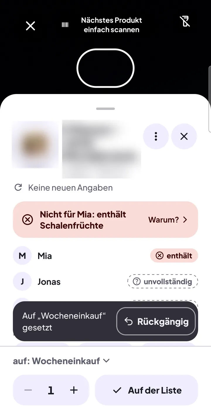 Produktkarte beim Einkauf nach „Auf die Liste“: oben das Urteil für Mia, unten die Meldung „Auf ‚Wocheneinkauf‘ gesetzt“ mit „Rückgängig“