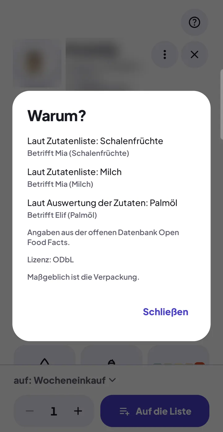 Erklärung „Warum?“ in FoodAsu: wen das Ergebnis betrifft, darunter die Quelle Open Food Facts und der Satz „Maßgeblich ist die Verpackung.“