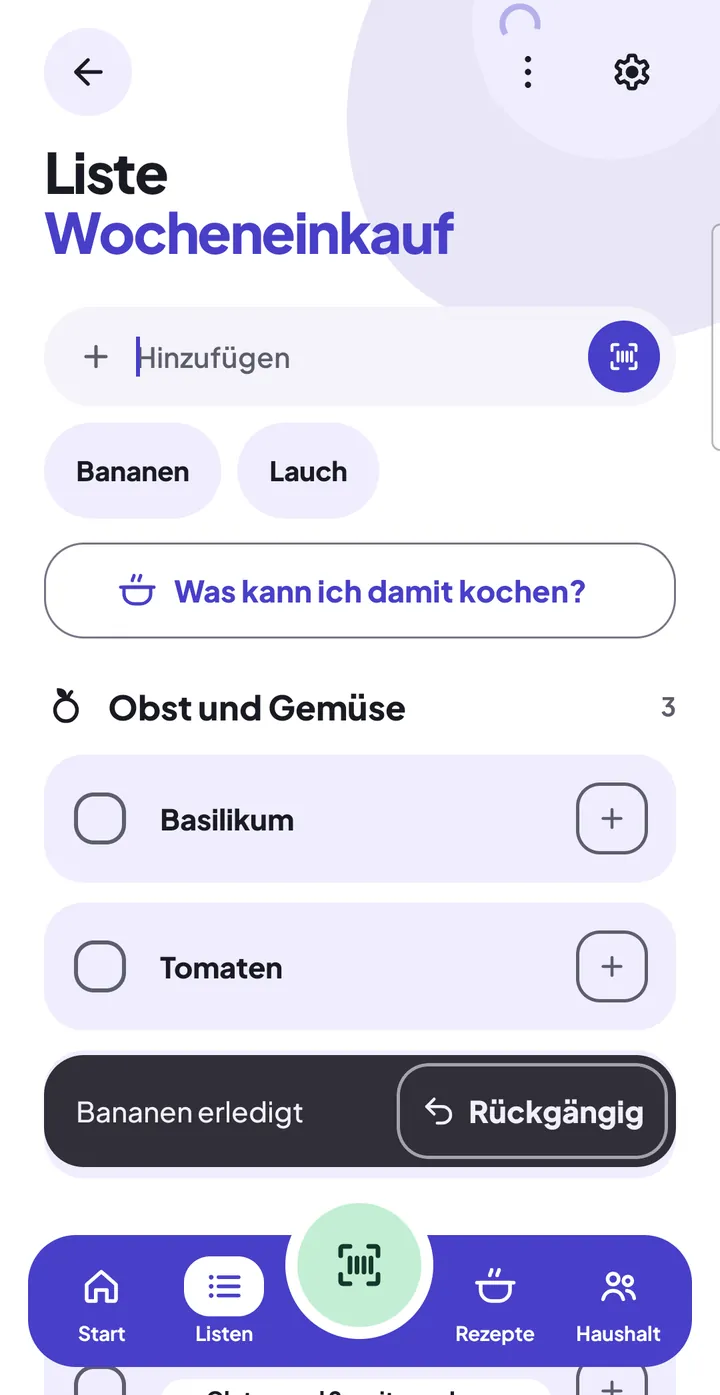 Einkaufsliste nach dem Tipp auf das Kästchen: Meldung „Bananen erledigt“ mit „Rückgängig“