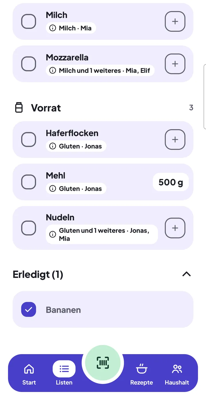 Ende der Liste: Bereich „Erledigt (1)“ aufgeklappt, „Bananen“ ist abgehakt