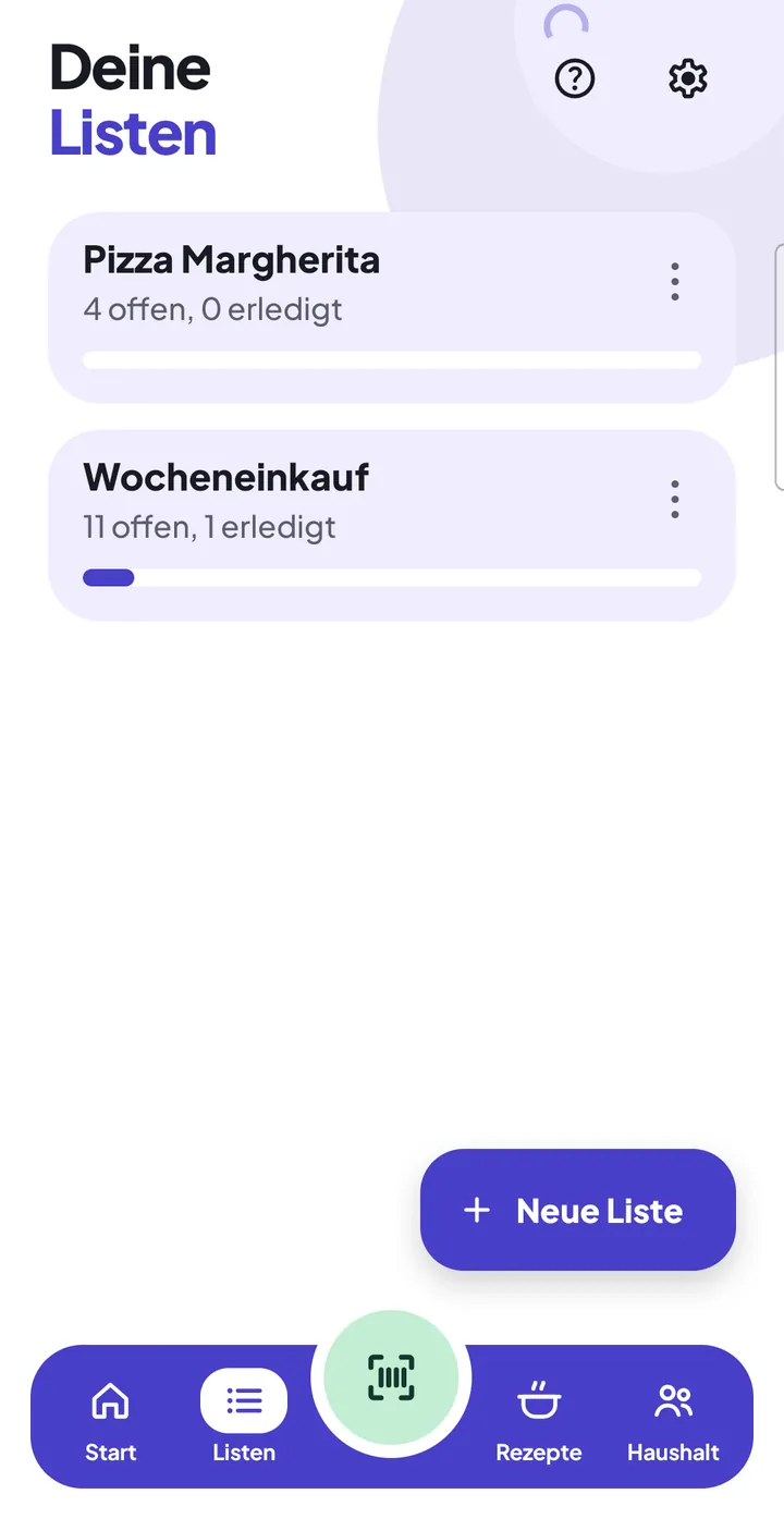 Übersicht „Deine Listen“: oben die Liste des Rezepts „Pizza Margherita“, darunter „Wocheneinkauf“, je mit „offen“ und „erledigt“, unten „Neue Liste“