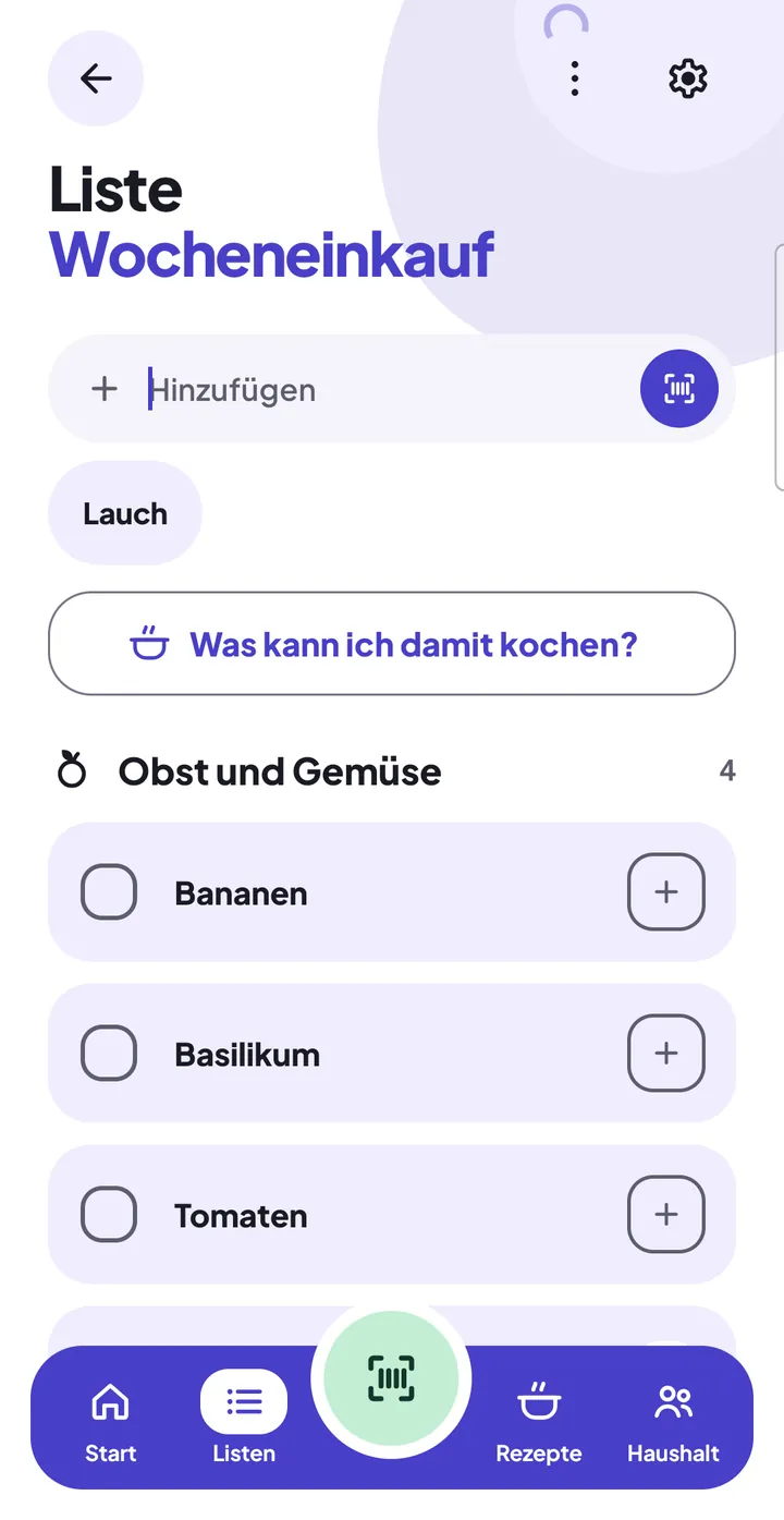 Liste „Wocheneinkauf“ mit Einträgen unter „Obst und Gemüse“; über den Einträgen der Knopf „Was kann ich damit kochen?“