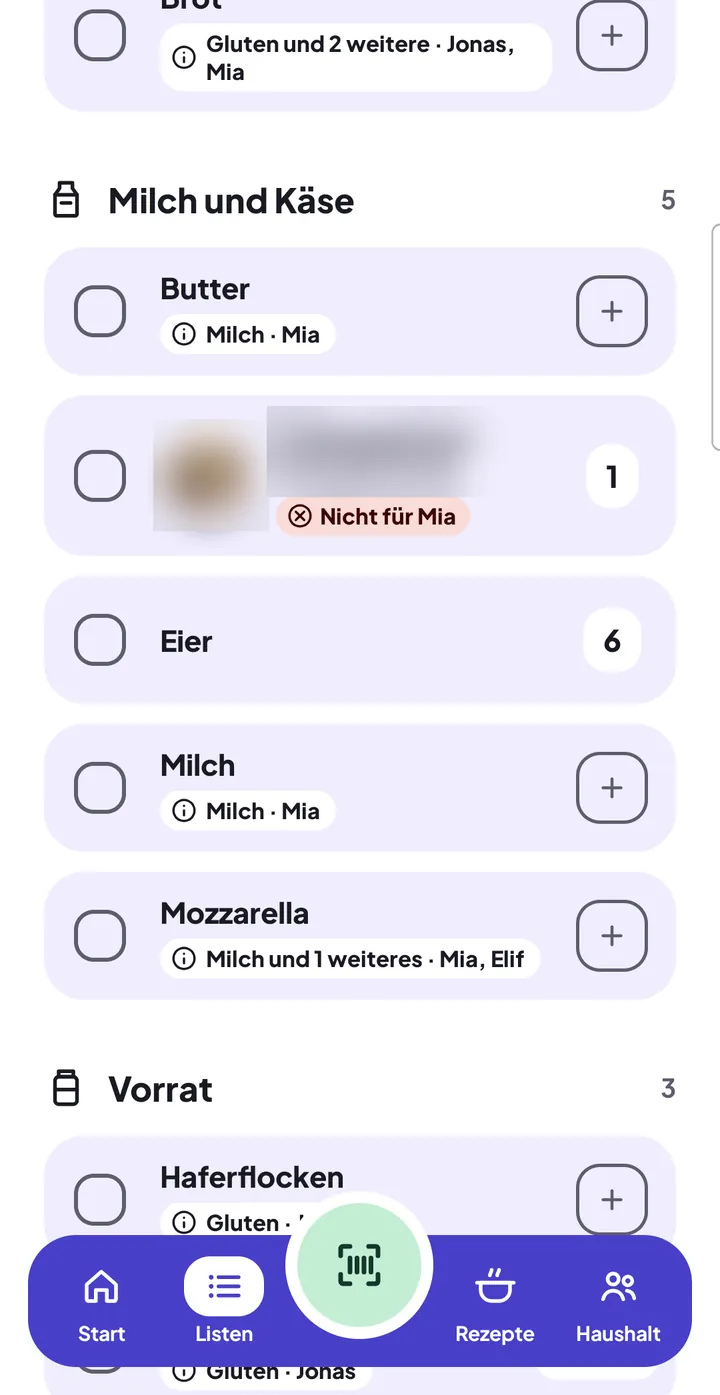 Hinweise in der Liste: bei „Butter“ und „Milch“ „Milch · Mia“, bei „Mozzarella“ „Milch und 1 weiteres · Mia, Elif“, beim gescannten Produkt das Ergebnis „Nicht für Mia“