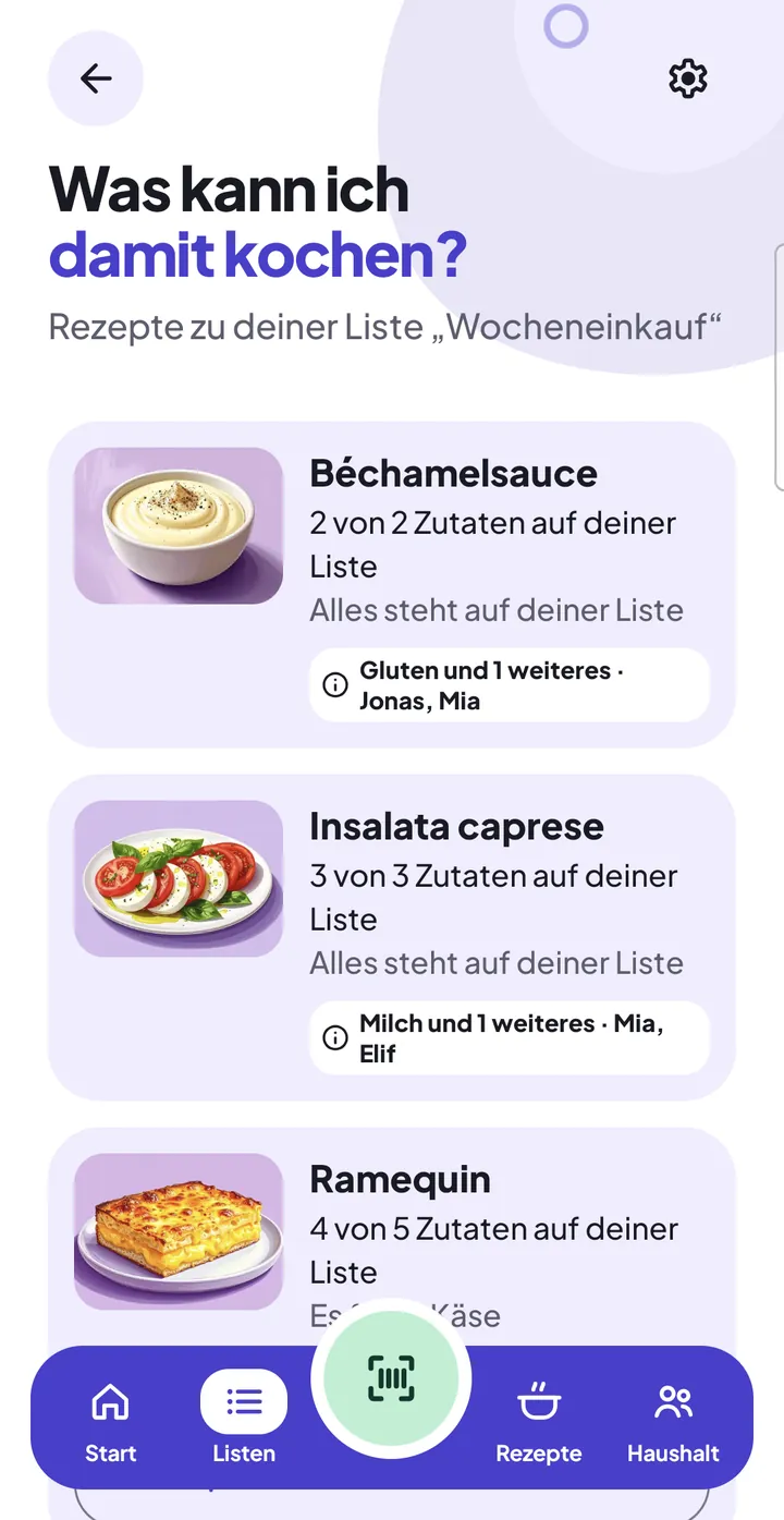 „Was kann ich damit kochen?“: Rezepte zur Einkaufsliste „Wocheneinkauf“, je mit den Zutaten, die schon auf der Liste stehen