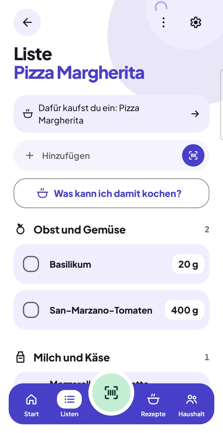 Einkaufsliste „Pizza Margherita“ in der Einkaufslisten-App FoodAsu: oben die Zeile zum Rezept, darunter die Zutaten mit Menge, nach Warengruppen geordnet