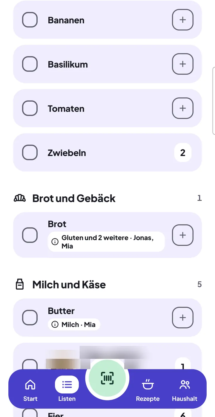 Liste nach Warengruppen: „Obst und Gemüse“, „Brot und Gebäck“, „Milch und Käse“, je mit der Zahl der Einträge