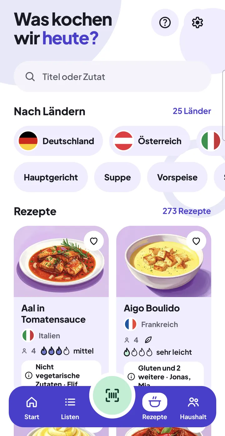 Rezepte in FoodAsu: oben das Suchfeld, darunter Länder, Kategorien und die ersten Rezeptkarten mit Symbolbild