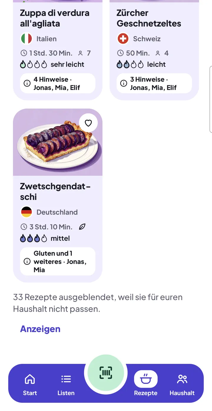 Ende der Liste: „33 Rezepte ausgeblendet, weil sie für euren Haushalt nicht passen.“ mit „Anzeigen“