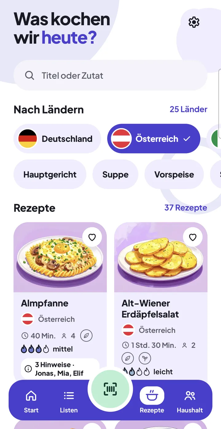 Filter „Österreich“ gewählt: 37 Rezepte; auf den Karten die Abzeichen mit Hinweisen für den Haushalt