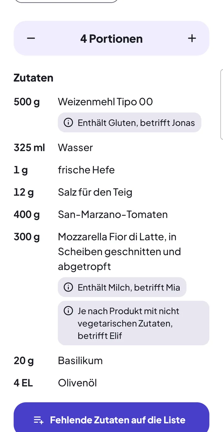 Zutaten der Pizza Margherita in FoodAsu: bei Weizenmehl der Hinweis zu Jonas, bei Mozzarella die Hinweise zu Mia und Elif