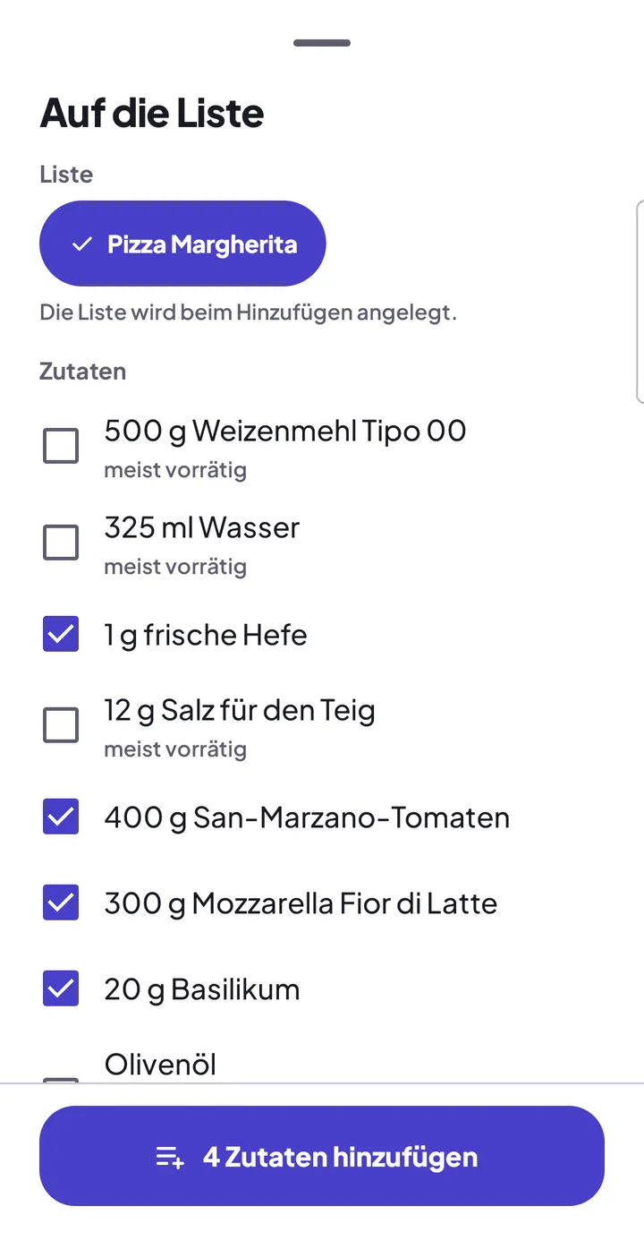 Blatt „Auf die Liste“ aus dem Rezept: Liste „Pizza Margherita“ wird angelegt, vier Zutaten sind angehakt, Mehl, Wasser, Salz und Öl gelten als „meist vorrätig“; unten „4 Zutaten hinzufügen“