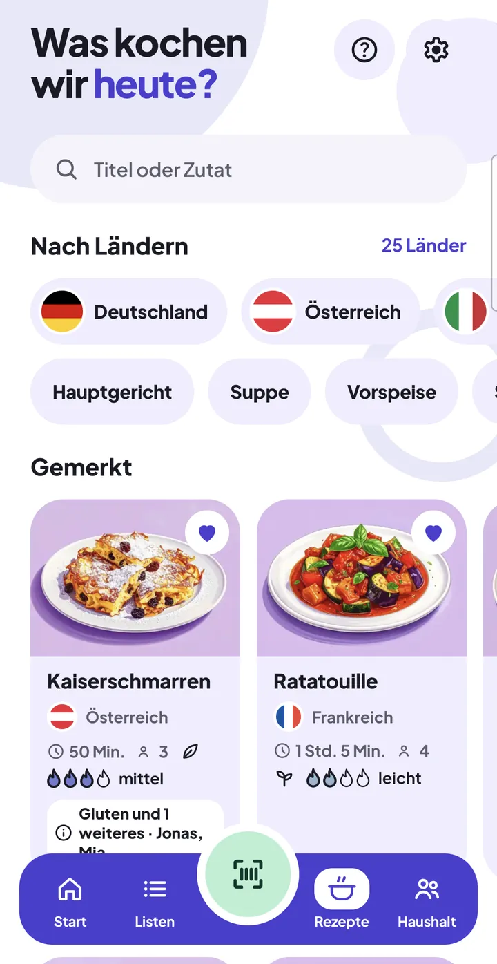 Reiter Rezepte mit dem Abschnitt „Gemerkt“: „Kaiserschmarren“ und „Ratatouille“, rechts der Anfang der dritten Karte