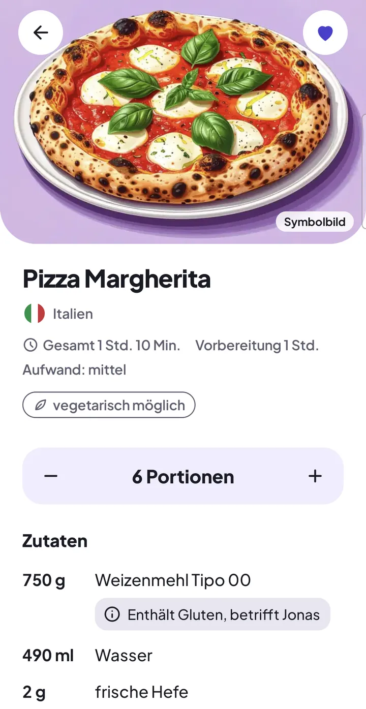 „Pizza Margherita“ auf 6 Portionen gestellt: Aus 500 g Weizenmehl wurden 750 g