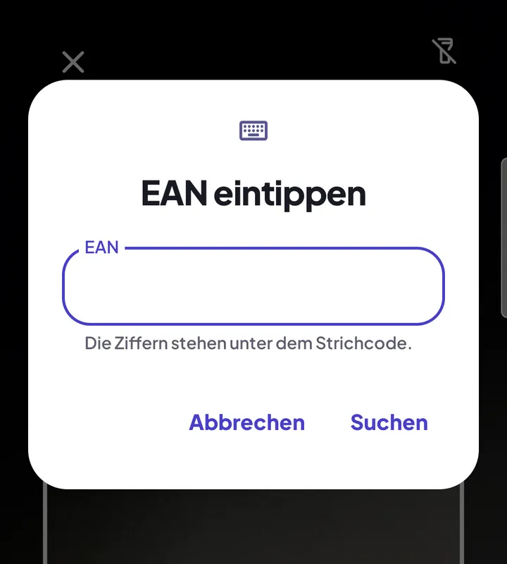 Dialog „EAN eintippen“ mit dem leeren Feld und dem Hinweis „Die Ziffern stehen unter dem Strichcode.“