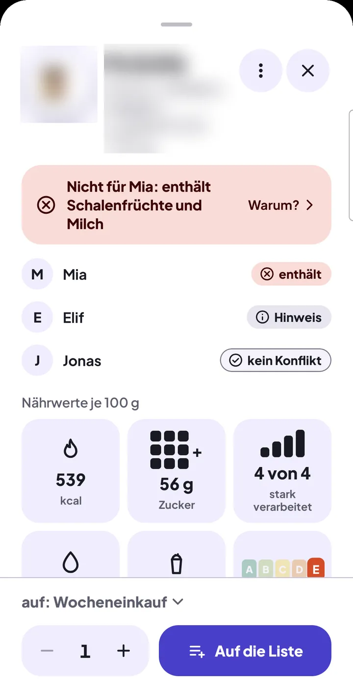 Produktkarte im Scanner ganz nach oben gezogen: Urteil, Ergebnis je Person und die Kacheln mit Kalorien, Zucker, Verarbeitung, Fett, Salz und Nutri-Score; unten „auf: Wocheneinkauf“ und „Auf die Liste“