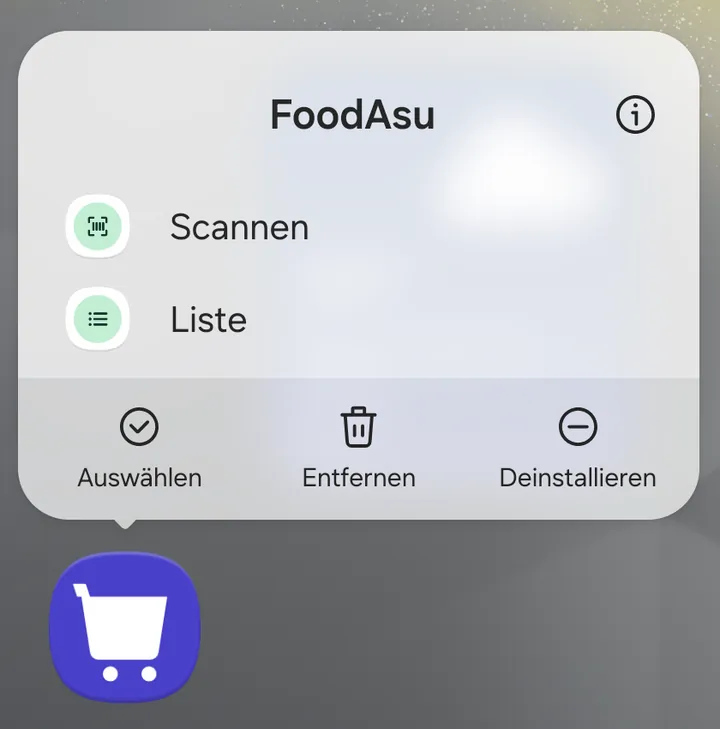 Menü am App-Symbol nach langem Drücken: „Scannen“ und „Liste“ (Ausschnitt)