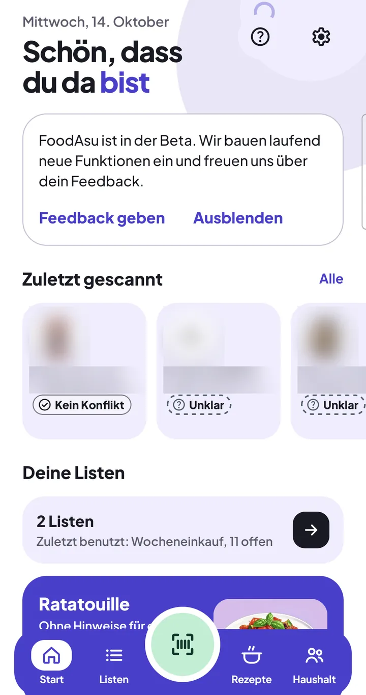 Startseite mit Haushalt: oben Hilfe und Zahnrad, der Hinweis zur Beta, „Zuletzt gescannt“ mit Abzeichen, „Deine Listen“, der Rezept-Vorschlag „Ohne Hinweise für euren Haushalt“, unten die Leiste mit Start, Listen, Scan-Knopf, Rezepte, Haushalt